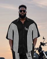 Big Man's Motorcycle Style/nightclub Striped Color Block Printed Short Sleeve Shirt Trousers Suit